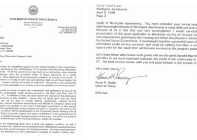 Letter from Burlington Police in support of program